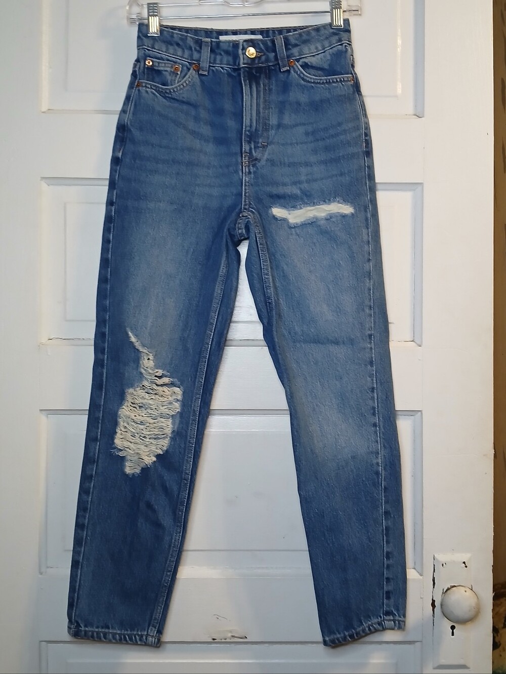 Topshop Mom Jeans Tag W25 L30 Distressed High Rise Tapered Blue Denim Women’s